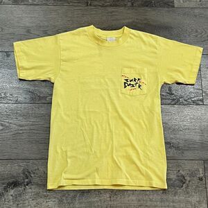 Vintage 80s Surf Buster Pocket T-Shirt Yellow Beach Graphic Single Stitch S/M